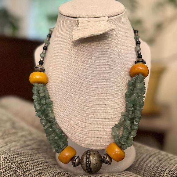 Vintage Natural Stone Copal Silver Tone Boho Tribal Beaded Statement Necklace - Picture 1 of 7
